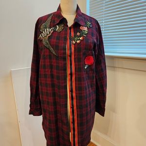 No brand - Red Plaid Cotton button down with fun and cool appliqués and lace.